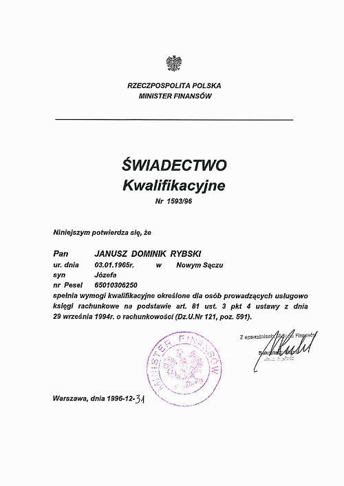 Certyfikat prowadzenie ksiąg rachunkowych Janusz Rybski